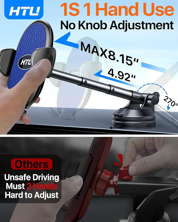 HTU 【Military-Grade Suction】 Cell Phone Holder for Car【Flexible Telescopic Arm】 Car Phone Mount Stand for Dashboard Windshield for iPhone 17 16 Pro Max 15 14 13 12 Samsung Truck Jeep, Dark Blue