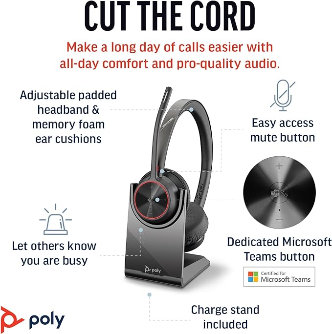 Poly Voyager 4320 UC Wireless Headset & Charge Stand - Noise-Canceling Wireless Headphones with Mic - Connect to PC via USB-C to USB-A Adapter, Cell Phone via Bluetooth, Microsoft Teams Certified