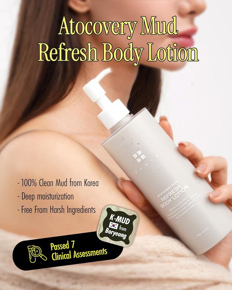 BRMUD Atocovery Mud Refresh Body Lotion - Ultimate Hydration Itchness Relief Boryeong Mud Body Moisturizer - Mild & Gentle Ingredients for Sensitive Skin - Geranium & Rose Scent, 10.58 oz.