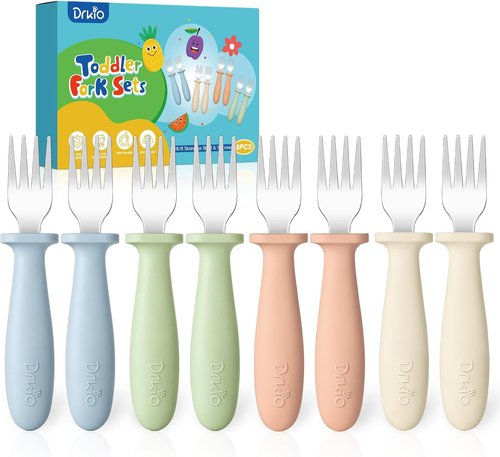DRKIO Toddler Forks Set - 8-Piece Baby Utensils with Silicone Handle | Safe 18/8 Stainless Steel, Anti-Choke Design