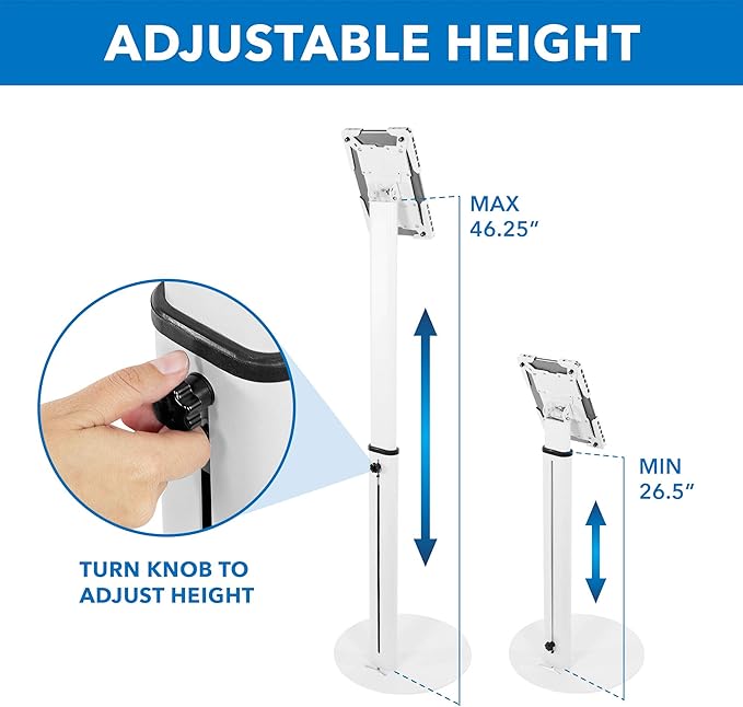 Mount-It! Anti-Theft Universal Tablet Floor Stand Kiosk, Locking Enclosure for iPad, Galaxy Tab & Surface Pro 9.7"–13.1", Height Adjustable 27.5"–47", Commercial Kiosk Stand, White