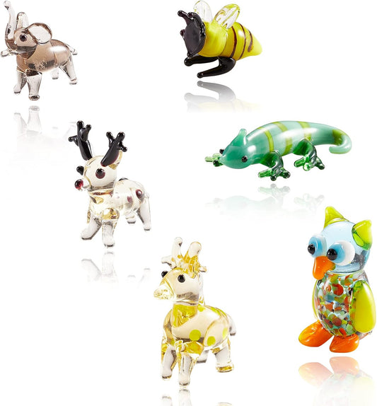 Skiennix 6Pcs Hand Blown Glass Figurines - Unique Christmas Reindeer, Birds, Giraffes & More for Home Decor & Gifts