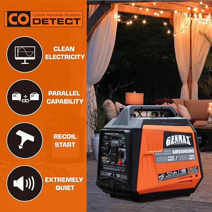 GENMAX Portable Generator, 2800W ultra-quiet gas engine,with CO Sensor and Parallel Capability, Ideal for camping outdoor Home backup power.EPA &CARB Compliant (GM2800iSAC)