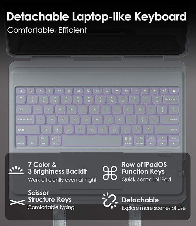 Nillkin Carry Go Keyboard Case for iPad Air 13 inch (M4/M3/M2) with Handle, iPad Pro 12.9 (3rd-6th Gen) Rugged Case with Detachable Keyboard, Magic Trackpad, 7 Colors Backlit, Camera Cover, Gray
