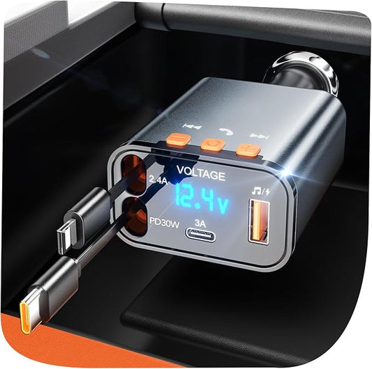 Retractable Car Charger,5 in 1 PD Car Phone Charger with Bluetooth 5.3 FM Transmitter,Handsfree Call and MP3 Player,2 Retractable Cables and USB Charging Adapter for Cars Phone,Galaxy,Pixel(Grey)