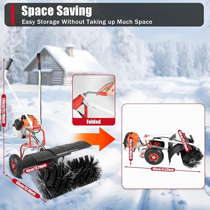 52CC Walk Behind Power Sweeper Broom, 2-Stroke 2.5HP Single-Cylinder Air-Cooling Gas Power Sweeper Snowplow Broom Driveway Lawns Artificial Grass Power Brush Lawn Sweeper Cleaner Tools for Sidewalk