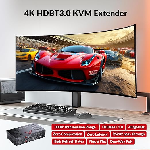AV Access HDBaseT 3.0 HDMI KVM Extender, Uncompressed 4K@60Hz 4:4:4 Upto 330ft, Zero Latency, USB 2.0 Remote Control, HDR/Dolby Vision, Audio De-Embed, PoH, for Server Room, Gaming & AV Installations