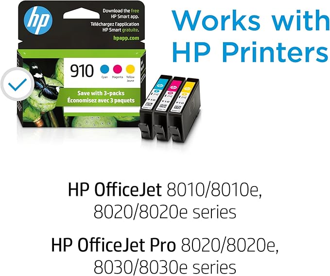 HP 910 Cyan, Magenta, Yellow Ink Cartridges (3-Pack) | Works with OfficeJet 8010, 8020 Series, OfficeJet Pro 8020, 8030 Series | Eligible for Instant Ink | 3YN97AN