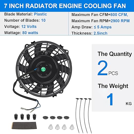 FSBCGT 7 Inch Universal Slim Fan Push Pull Electric Radiator Cooling Fan 12V 80W Mount Kit Black Set of 2