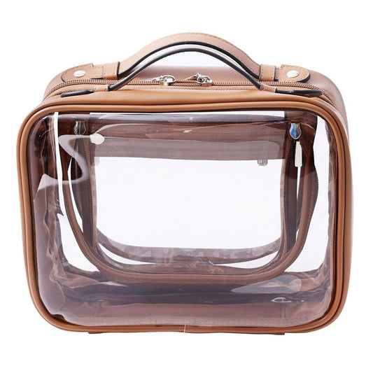 SANHECUN traveling toiletry case clear cosmetics case makeup bag Dimensions | LxWxH:10” x 4.5” x 7.5”(Brown, Medium)