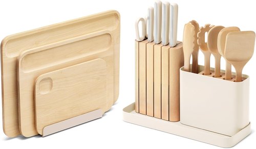Caraway Kitchen Prep & Cutting Board Set - Non-Toxic Wooden Utensils & Knives - 3 Cream Boards with Organizers