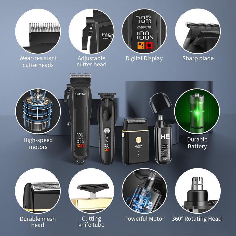 HIENA PRO Hair Clippers for Men Professional, Cordless Barber Kit with Electric Hair Clipper & T-Blade Beard Trimmer Foil Shaver, Men's Hair Cutting Kit