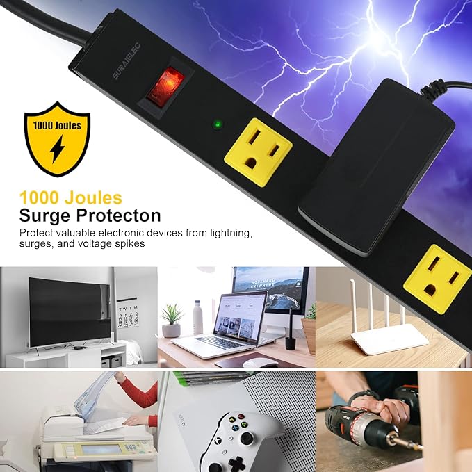 SURAIELEC 12 Outlet Metal Power Strip Surge Protector, 15 FT Heavy Duty Extension Cord, Wide-Spaced Outlets, Flat Plug, 15A Circuit Breaker, Wall Mount Power Bar for Workshop, Garage, Workbench, Shop