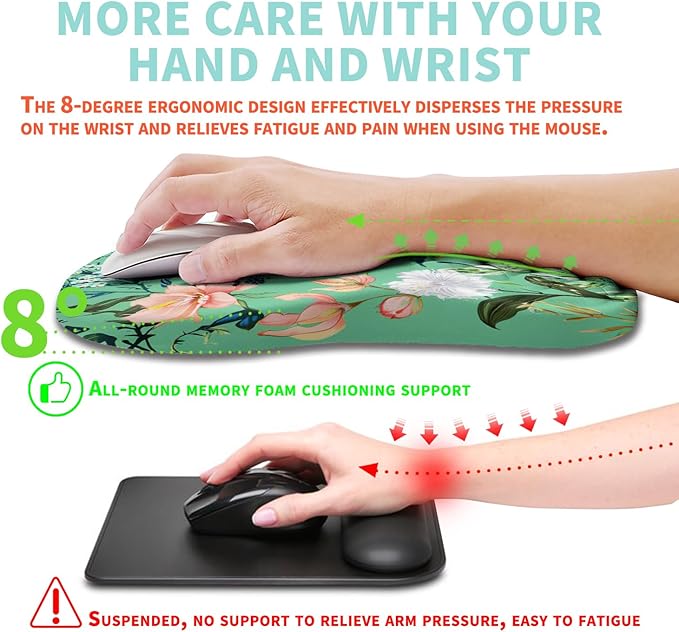 Kuosgm Ergonomic Mouse Pad Wrist Support with Memory Foam Massage Bulge, Carpal Tunnel Pain Relief Mousepad Wrist Rest for Mouse(12x8 inch, Pink Flowers)
