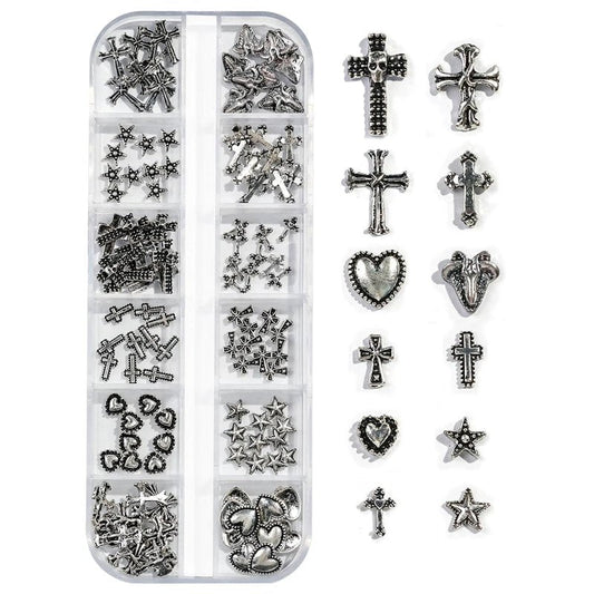 Cross Nail Charms,1Boxes 12Grids 3D Silver Goth Nail Gems,Vintage Metal Alloy Cross Star Heart Nail Charm Rhinestones Studs for Women Girls Manicure Design (B)