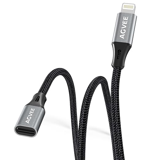 AGVEE 1ft Lightning Extension Cable, Braided Female to Male Extender Full Function Cord Compatible with iPhone iPad, Data Sync Video Audio & Charging Connector Adapter, Dark Gray