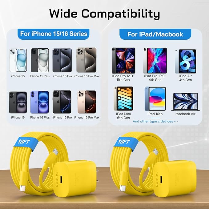 30W USB C i Phone 17 16 15 Charger Fast Charging, 2PACK Wall Charger for iPhone 16 15 Pro Max Charger Cord 10FT Fast Type C Block for iPhone 17 Pro Max/17 Air/16/15 Plus/15 Pro Max,i Pad Pro, Yellow
