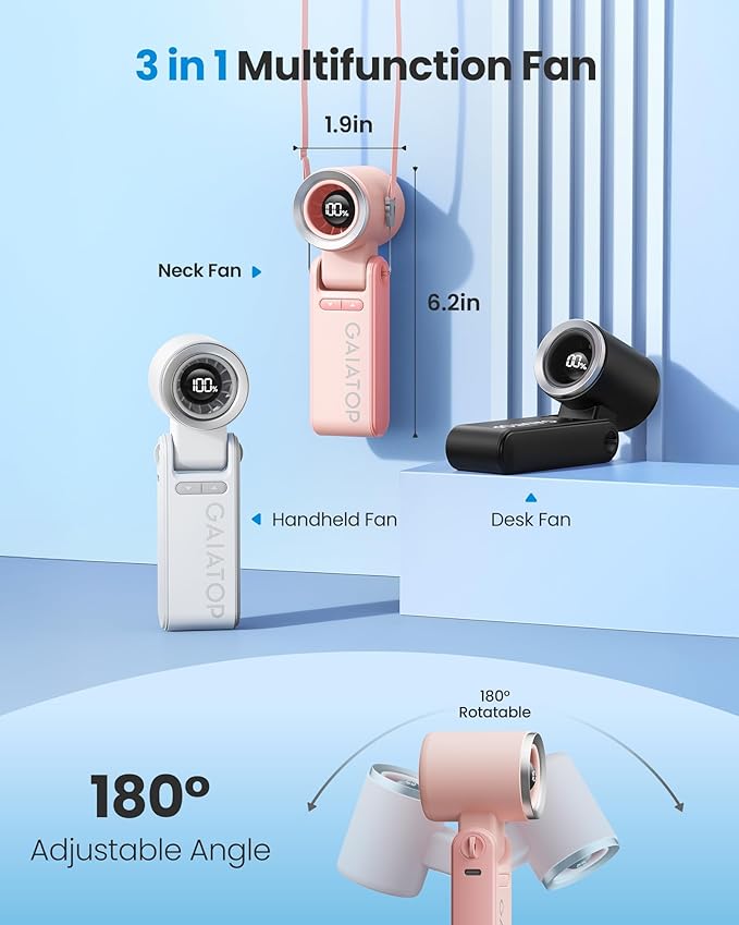 Gaiatop Portable Handheld Turbo Fan, 15 Hrs Cooling, 180° Foldable 4-in-1 Hand Held Fans, 6-Speed (1-100) Personal Mini Handheld Fans, Small Portable Fan for Travel, Working, Outdoor Women Gifts, Pink