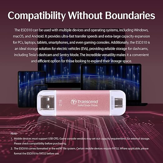 Transcend ESD310 512GB External SSD, Up to 1,050MB/s, Dual USB Flash Drive for iPhone/iPad/Mac/Windows, Android/Tablet/PC, USB3.2Gen2 Thumb Drive Photo Stick, 2-in-1 Type C&Type A Memory Stick - Pink