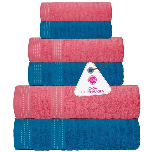 CASA COPENHAGEN Elegance Collection Towels 550 GSM 2 Bath Towel 2 Hand Towel 2 Washcloths, Super Soft Egyptian Cotton 6 Towels Set for Bathroom, Kitchen & Shower - Teal + Pink