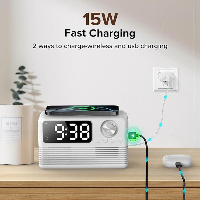 FlyShow 15W Fast Wireless Charger with Bluetooth Speaker and Alarm Clock Radio,4 in1 Wireless Charging Station for iPhone,Android Phones with FM Radio for Bedroom