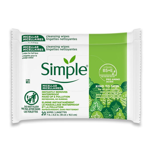 Simple Kind To Skin Micellar Makeup Remover Wipes - Face Wipes Instantly Remove Waterproof Makeup - Enriched with Vitamin B5 and E - Vegan - 2 pc