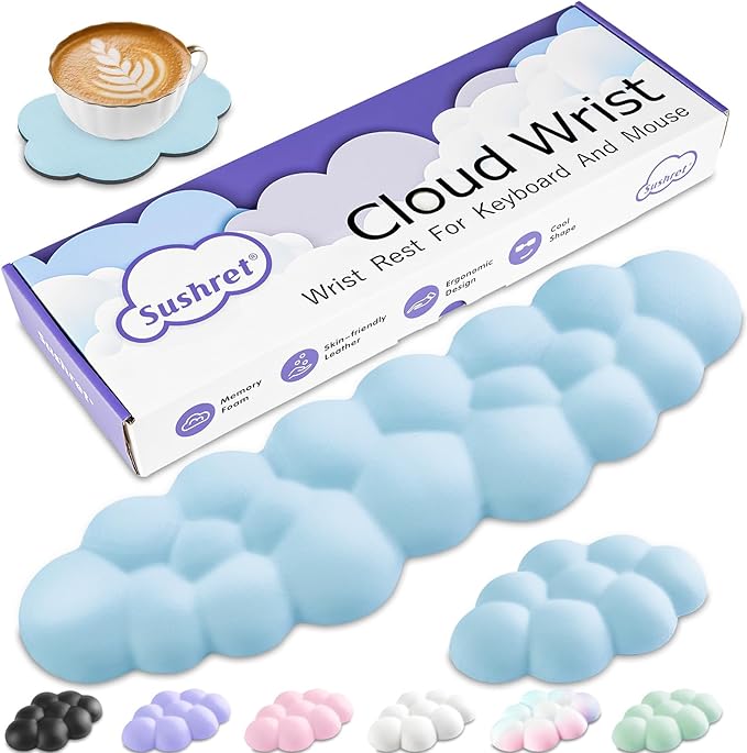 Sushret Cloud Wrist Rest Keyboard, Cloud Keyboard Wrist Pad Set with PU Leather Memory Foam, Cute Arm Rest for Palm Support, PC/Gaming Desk Accessories/Office Setup/Computer Hand Cushion - Blue