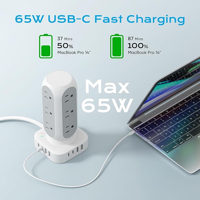 Flat Plug Power Strip Tower, TenTrend 65W Max Charging Tower with 12 AC Outlets & 8 USB Ports (4 USB C), 82W Total Fast Charging Station, 10FT Extension Cord for Desk Office Dorm Room