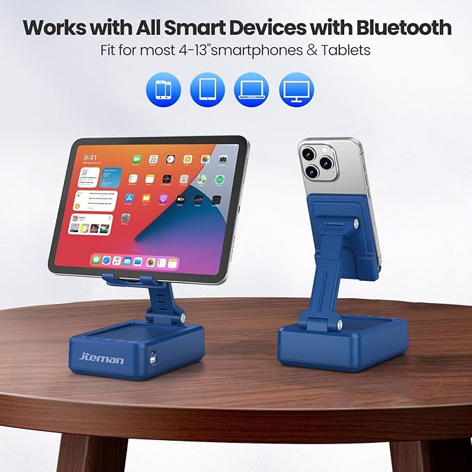 JTEMAN Cell Phone Stand with Bluetooth Speaker and Charging Function, HD Sound Adjustable Phone Holder, Birthday Gifts for Men Women, Cool Tech Kitchen Gadgets for All Phones,Tablet (Blue)