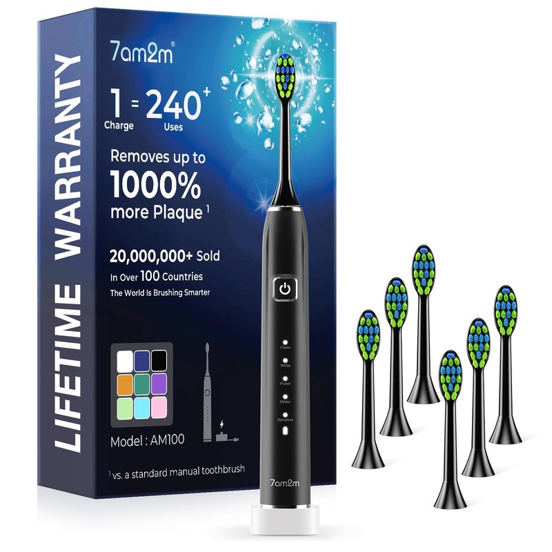 7AM2M Sonic Electric Toothbrush with 6 Brush Heads for Adults&Kids, One Charge for 120 Days, Wireless Fast Charge, 5 Modes, 40000VPM Powered Toothbrush, 2 Minutes Built in Smart Timer (Black)