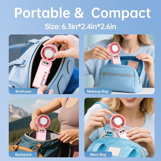Coolhill Pro Handheld Portable Fan with Ice Cooler: 199-Speed 5500mAh Rechargeable Handheld Fan, 12H Time Hand Cooling Personal Fans with 20000 RPM Air Turbo Tech for Travel Outdoor (Pink)