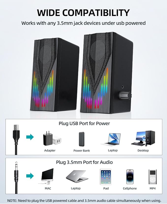 Uakinat Computer Speakers with 6 Colorful RGB Lights,USB Powered 3.5mm Aux with Loud Stereo Sound,Headphone-in for Desktop,PC/Laptop/Tablet Phone