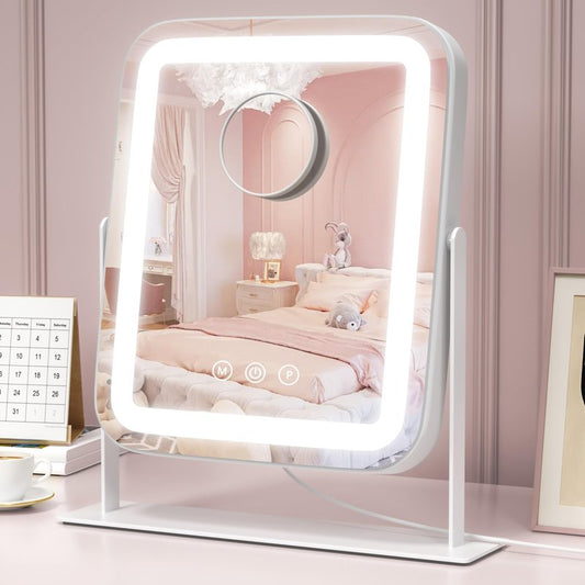 Saliwa Vanity Mirror with Lights, 14.2" x 12.2" Lighted Makeup Mirror with 3 Color Lights, Stepless Dimming, 5X Magnifying Mirror for Desk & Bedroom, 360° Rotation, Gift for Women, Mom, Daughter