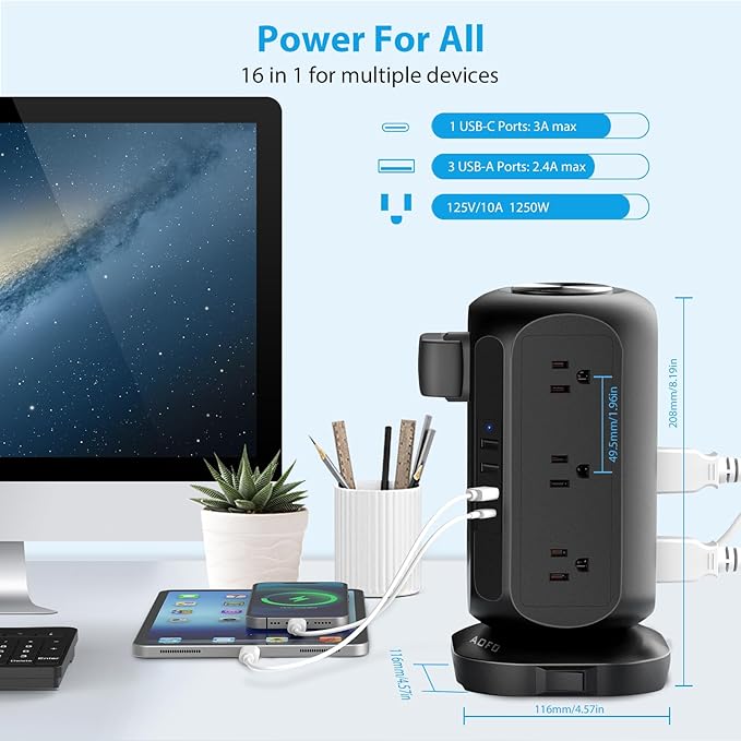 Power Strip Tower AOFO 12 AC Outlets with 4 USB(1 USB C) Ports Charging Station with Overload Protection, Widely Spaced Multiple Outlets with 10Ft Extension Cord for Home,Dorm & Office