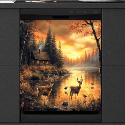 Autumn Deer Lake Forest Dishwasher Magnet Cover for The Front Magnetic Dishwasher Door Covers Dish Washer Sticker Wrap Home Decorative Appliances Panel Decal Kitchen Decor 23" x 26" (Magnetic)