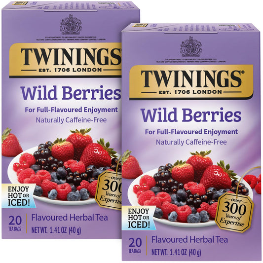 Twinings Wild Berries Tea - Caffeine-Free Herbal Infusion with Fresh Berry Flavors | 20 Individually Wrapped Bags (Pack of 2)