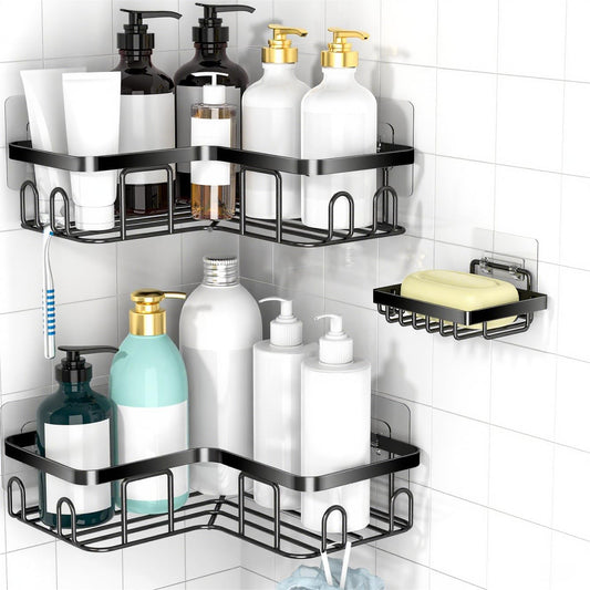 Moforoco Corner Shower Caddy - Self-Adhesive Black Organizer Shelf for Bathroom Storage | RV Essentials