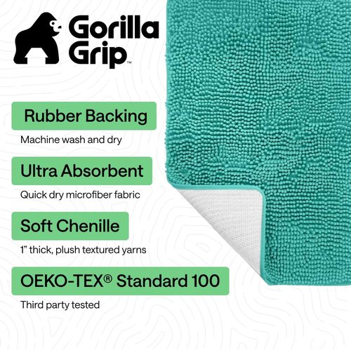 GORILLA GRIP Bath Rug Mat - Thick, Soft Chenille | Quick-Dry Microfiber, 60x24, Turquoise