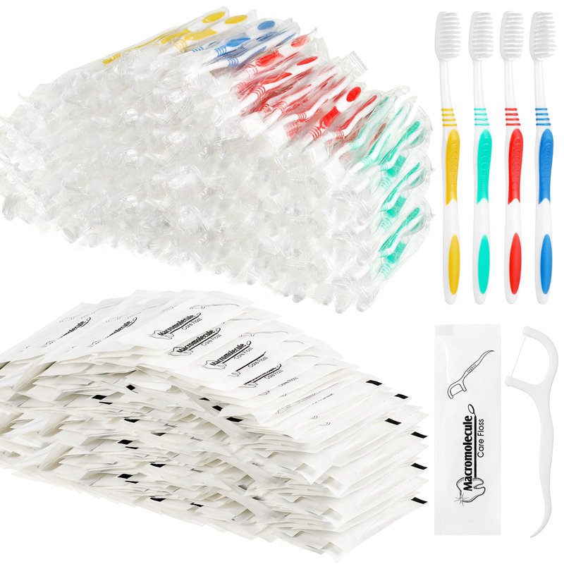 Mifoci 300 Pcs Individually Wrapped Toothbrushes Bulk with Dental Floss Set 100 Soft Bristle Toothbrushes 200 Floss for Travel Office School Hotel Guest Homeless Holiday Gifts