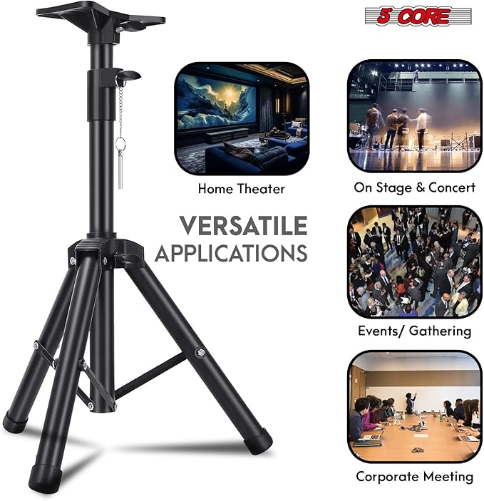 5 Core Speaker Stand Universal Mount Steel Alloy Construction 132 Lbs Capcity Stable Tripod w/Adjustable Height 36” w 35mm Compatible Insert Metal Safety Pin Black