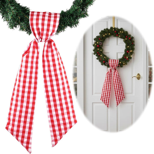 Red White Plaid Wreath - Sash Front Door Decoration for Christmas & Valentine’s Day | Farmhouse Home Decor