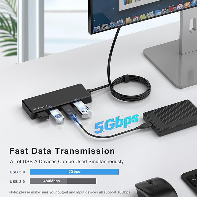 ANYPLUS USB Hub, Multiport USB Splitter Adapter, 2 ft Long Cable USB 3.0 Hub, USB Extender for Laptop, PC, iMac, Surface Pro, MacBook, Mac Pro, Flash Drive, XPS, Mouse, HDD, Black, HJ-Black-0.5M-001