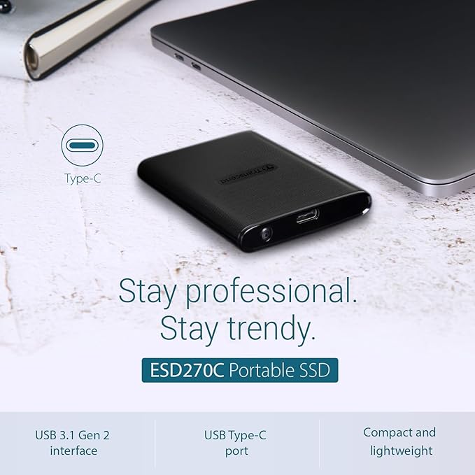 Transcend ESD270 1TB External SSD for iPhone16/15/iPad/Mac/Windows/Android, PC/Laptop/Tablet/TV/Game Console, Portable SSD with One Touch Back up, One-Time Password Unlock, Type A &Type C Cables