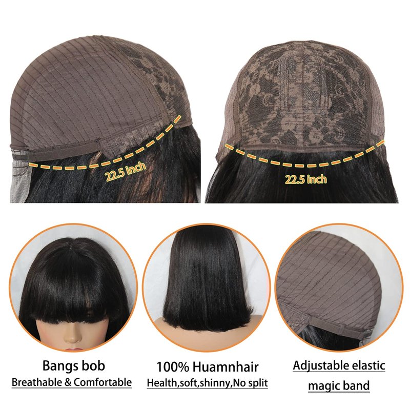 Savasana Bob Wigs for Black Women Human Hair Straight Brown Bang Wigs Glueless 10 Inch