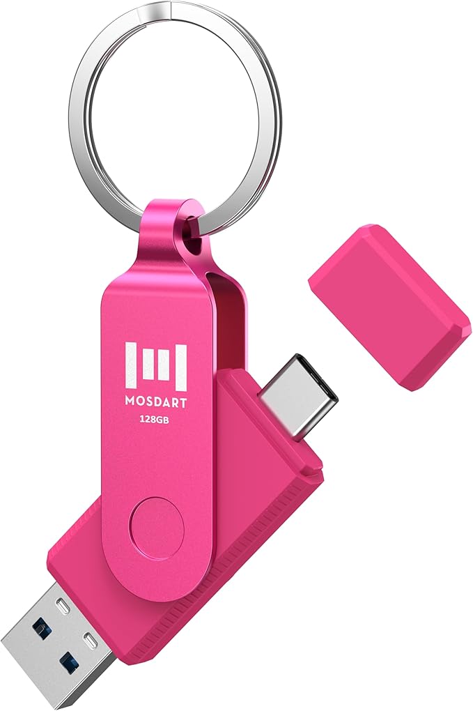 MOSDART 128GB USB 3.2 Fast Speed C and A Dual Flash Drive, exFAT Memory Stick with Keychain and LED Indicator, for iPhone 15,16,17, Android Phone, iPad, MacBook, and Other Laptops, Hot Pink