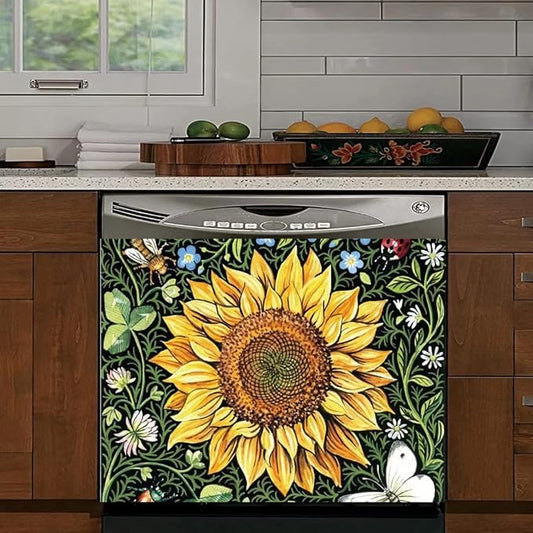 Sunflower Dishwasher Magnets Decorative Cover, Home Kitchen Dishwasher Decal Floral Refrigerator Magnet Cover Decals, Magnetic 23"x17"INCH