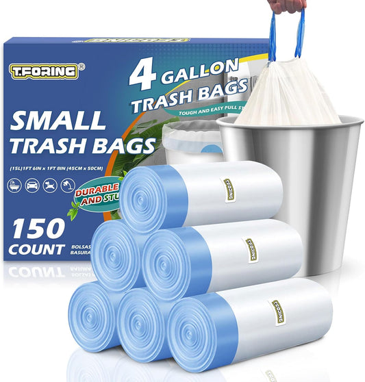 Skiennix 150 Count Drawstring Trash Bags - Heavy Duty 1.1 Mil Unscented 4 Gallon Liners for Bathroom & Office