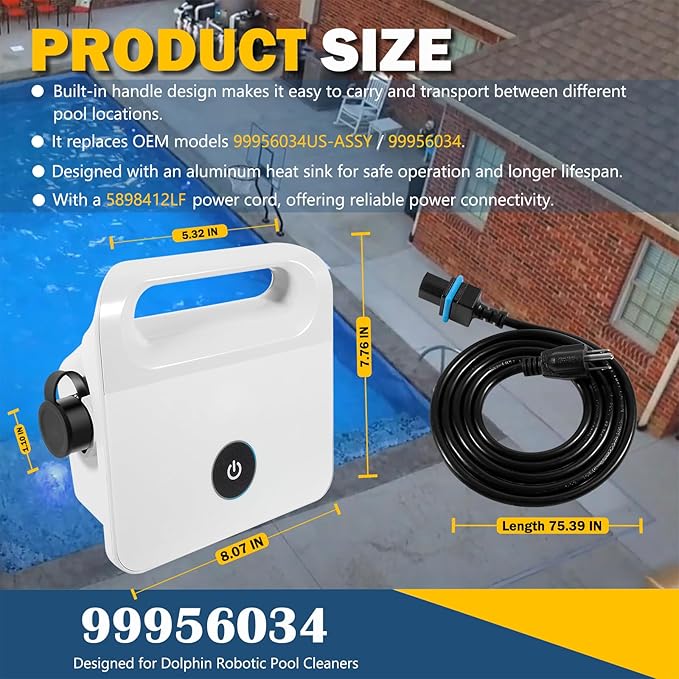99956034 Power Supply Unit with 5898412LF Power Cord, IP54 Waterproof - Fit for Dolphin Robotic Pool Cleaners: Active 10,Echo, Encore, Escape,E10,S50,Solo,T15, Premium 10, Premium 20, 99956034US-ASSY