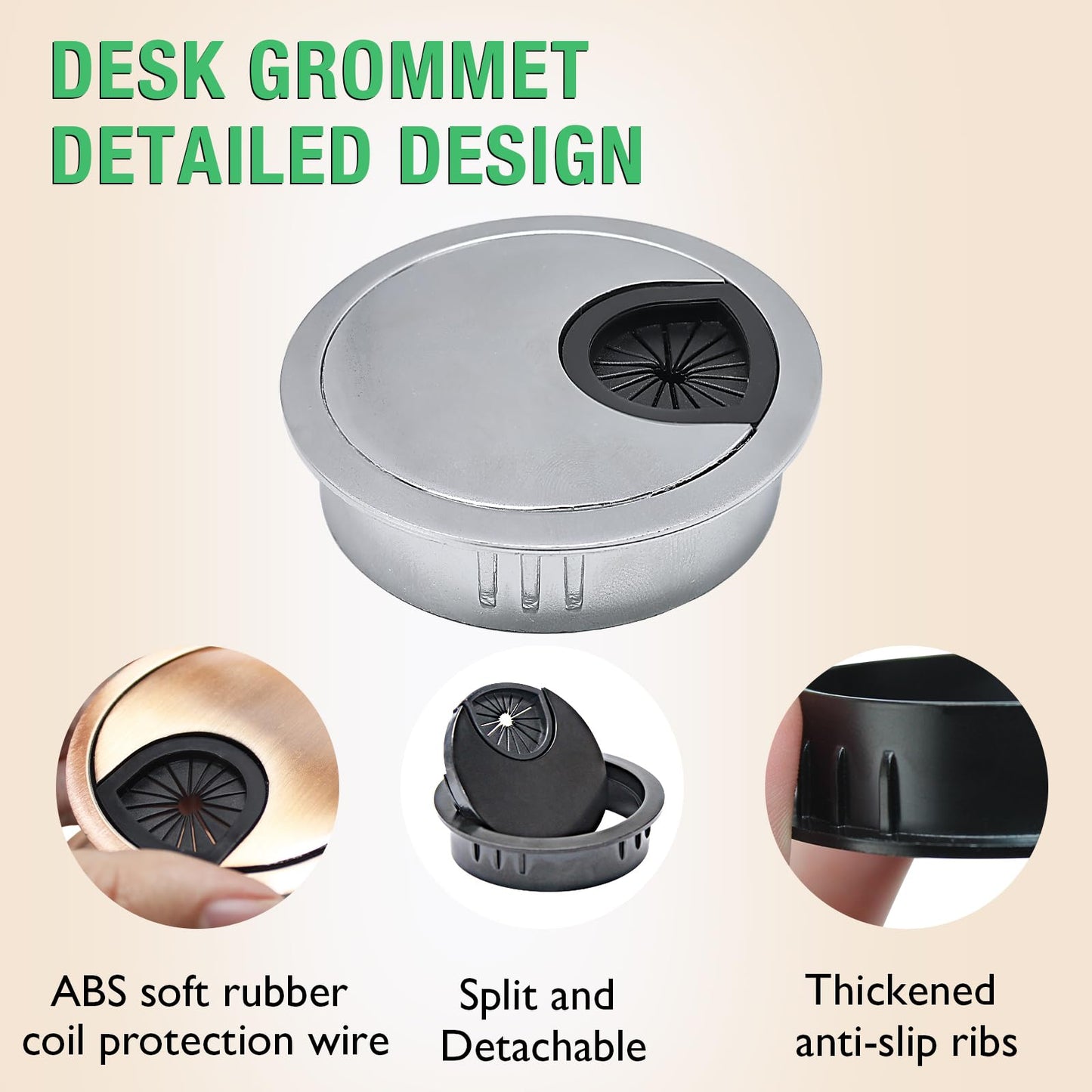 EASYEAH 2 Pcs Desk Grommet 2-1/16" / 53 mm, Desk Cord Hole Cover, Cable Grommet Metal Zinc Alloy Materilal, Desk Hole Grommet for Home & Office Pc, Detachable Cable Cord Organizer-Bright Silver