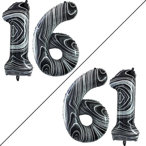 GOER Jumbo Number 16 Balloons - 42 Inch Marble Black Foil Helium for Sweet 16 Birthday Party Decorations